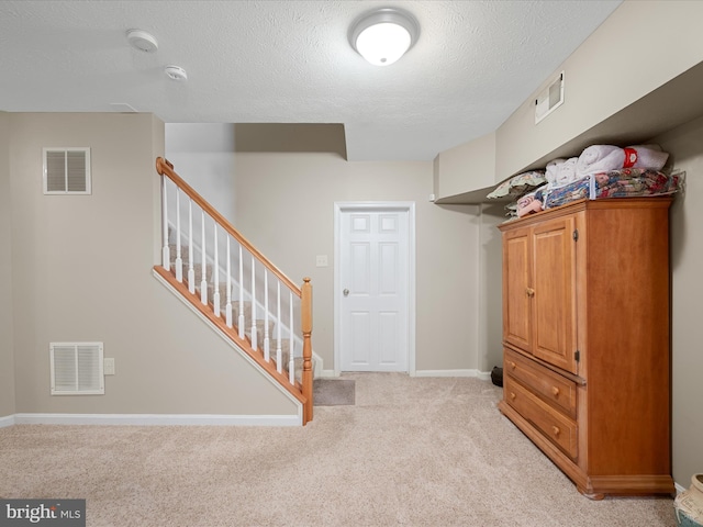 114 New Market Dr, Stephens City, VA 22655 - basement featuring light colored carpet, baseboards, a textured ceiling, and stairway