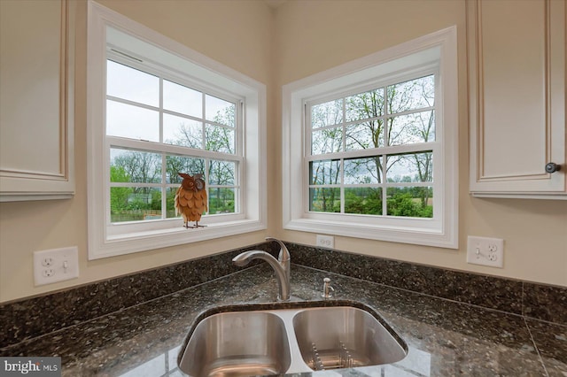 room details featuring white cabinetry, dark stone countertops, and a sink
