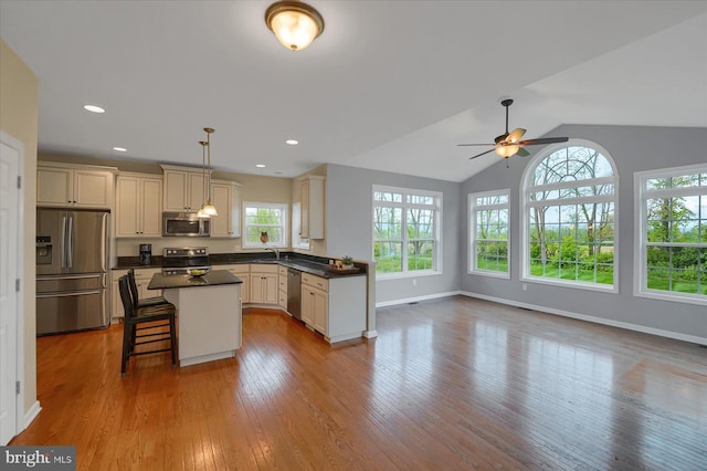 kitchen featuring a sink, stainless steel appliances, a wealth of natural light, and dark countertops
