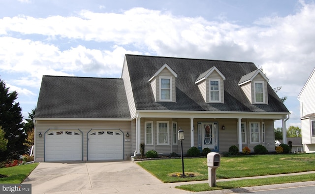 729 Rosecroft Ct, Forest Hill, MD 21050 - cape cod home featuring a garage, concrete driveway, a front yard, covered porch, and roof with shingles