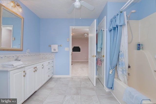 729 Rosecroft Ct, Forest Hill, MD 21050 - bathroom with a ceiling fan, shower / bathtub combination with curtain, vanity, and baseboards