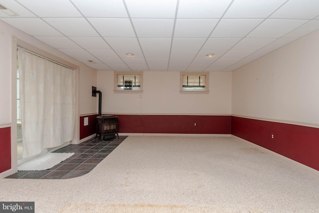 729 Rosecroft Ct, Forest Hill, MD 21050 - basement featuring a wood stove, carpet, and baseboards