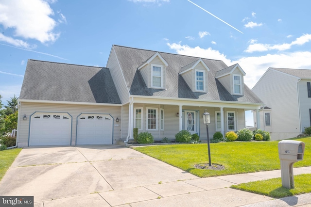 729 Rosecroft Ct, Forest Hill, MD 21050 - cape cod house with an attached garage, driveway, a front yard, covered porch, and a shingled roof