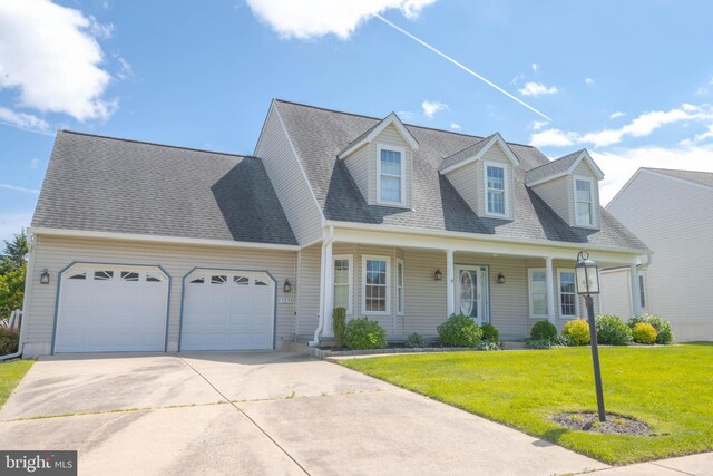 729 Rosecroft Ct, Forest Hill, MD 21050 - cape cod-style house with driveway, an attached garage, a front lawn, covered porch, and a shingled roof