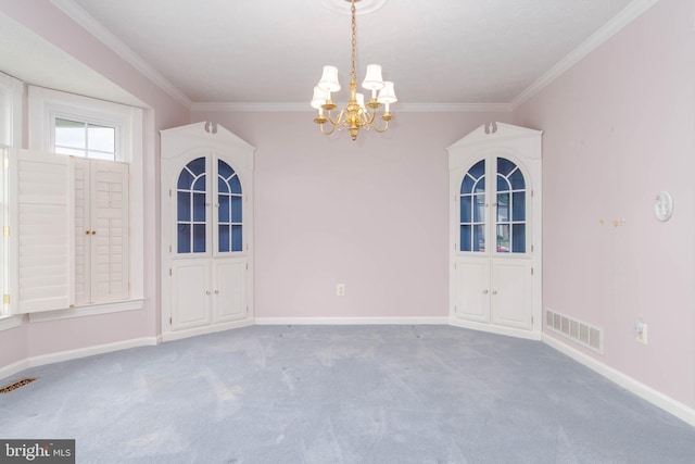 729 Rosecroft Ct, Forest Hill, MD 21050 - unfurnished dining area featuring a chandelier, ornamental molding, carpet flooring, and baseboards