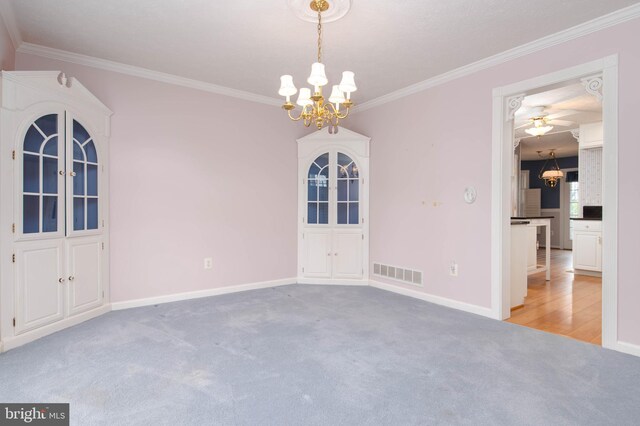 729 Rosecroft Ct, Forest Hill, MD 21050 - unfurnished dining area featuring a chandelier, carpet, crown molding, baseboards, and ceiling fan
