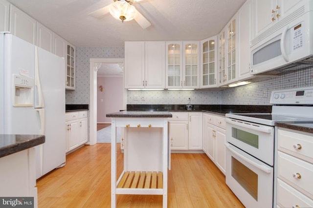 729 Rosecroft Ct, Forest Hill, MD 21050 - kitchen featuring white appliances, ceiling fan, light wood finished floors, white cabinets, and tasteful backsplash