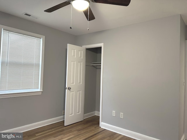 371 Chaplin St SE, Washington, DC 20019 - unfurnished bedroom featuring wood finished floors, baseboards, a closet, and ceiling fan