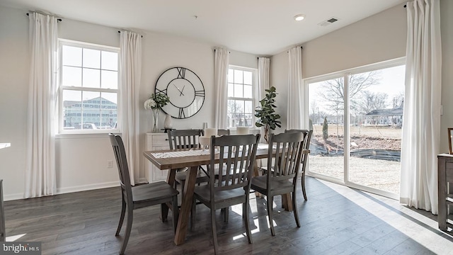 dining space featuring visible vents, recessed lighting, baseboards, and wood finished floors