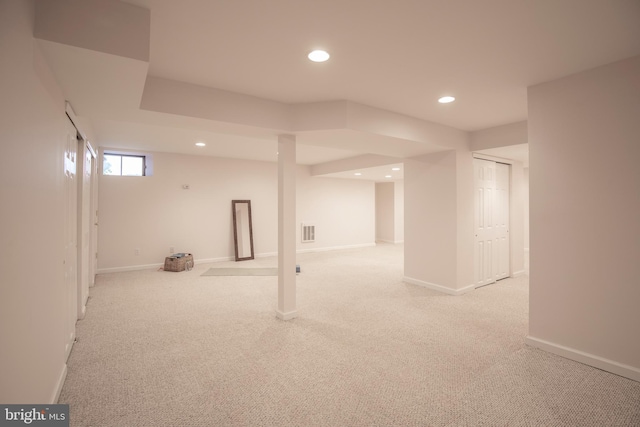 basement featuring recessed lighting, carpet floors, and baseboards