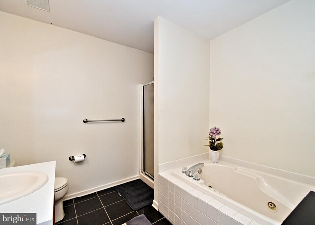 bathroom featuring a jetted tub, visible vents, tile patterned flooring, a shower stall, and vanity