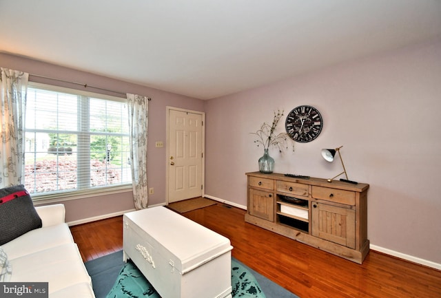 living room with baseboards and wood finished floors