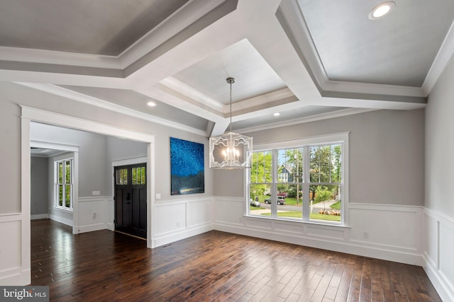 interior space with a chandelier, ornamental molding, a wainscoted wall, recessed lighting, and dark wood-style floors