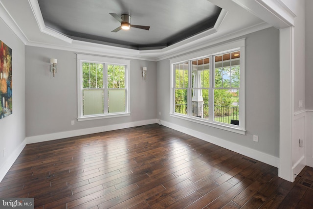 empty room with a healthy amount of sunlight, crown molding, a ceiling fan, and a tray ceiling