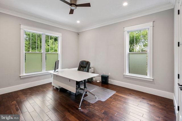 office space with plenty of natural light, ornamental molding, baseboards, and ceiling fan