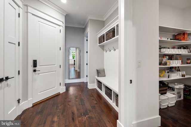 mudroom with crown molding, baseboards, and dark wood-type flooring