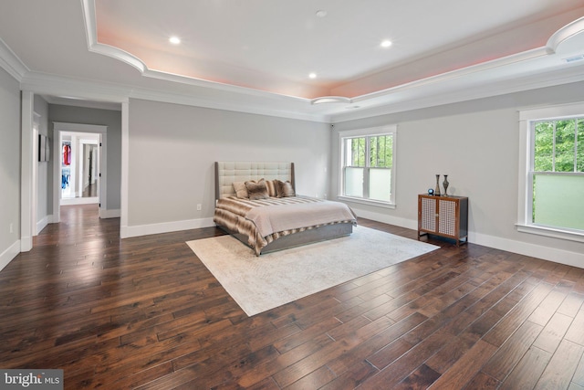 bedroom with multiple windows, a tray ceiling, crown molding, and dark wood-type flooring