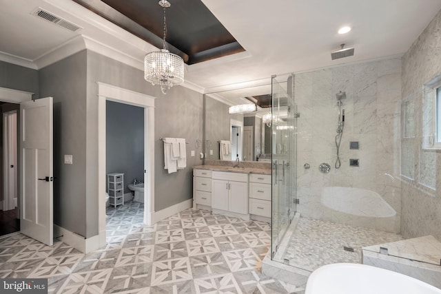 full bathroom with a stall shower, ornamental molding, visible vents, a bidet, and a chandelier