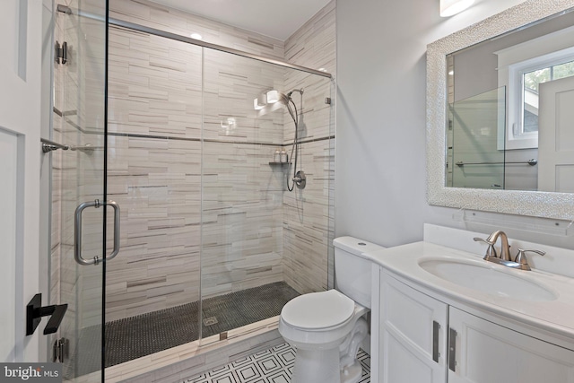full bath featuring vanity, toilet, and a shower stall