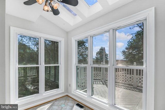 unfurnished sunroom featuring a skylight, visible vents, and a healthy amount of sunlight