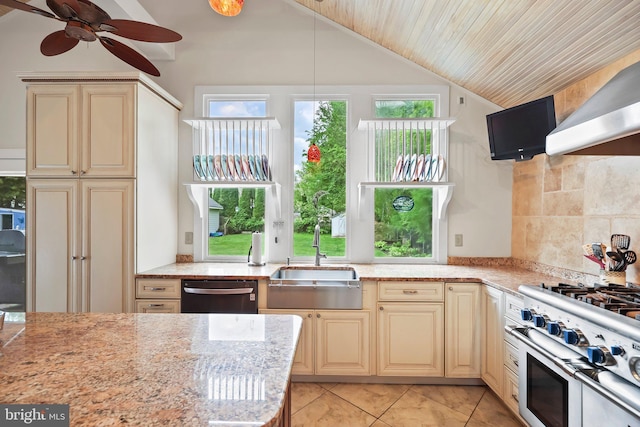 1218 Lower Ferry Rd, Ewing, NJ 08618 - kitchen featuring a sink, appliances with stainless steel finishes, vaulted ceiling, cream cabinets, and wall chimney range hood