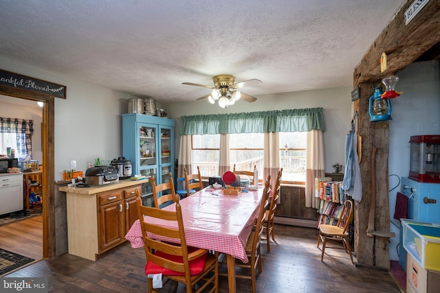 505 Deibler Rd, Pennsylvania Furnace, PA 16865 - dining space featuring a ceiling fan, a textured ceiling, dark wood-type flooring, and a baseboard radiator