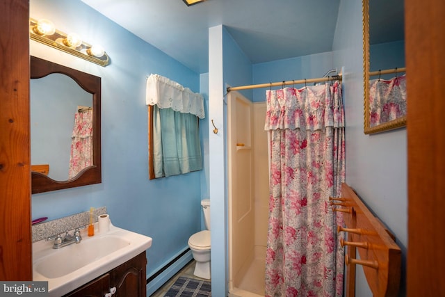 505 Deibler Rd, Pennsylvania Furnace, PA 16865 - bathroom with toilet, a baseboard heating unit, a shower with shower curtain, and vanity
