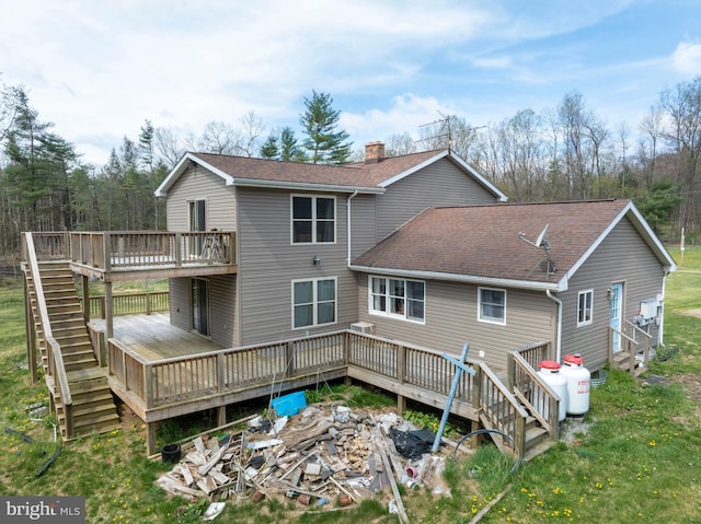 505 Deibler Rd, Pennsylvania Furnace, PA 16865 - rear view of property featuring a wooden deck, a shingled roof, a chimney, and stairway