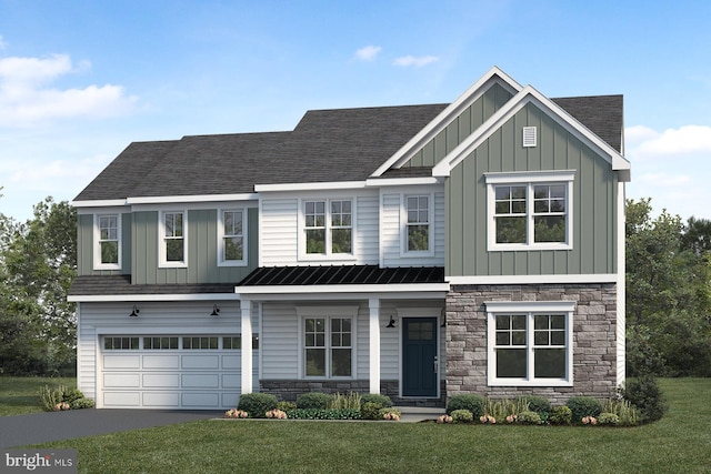 craftsman-style home with a garage, aphalt driveway, a front yard, stone siding, and board and batten siding