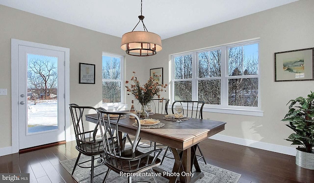 dining area featuring baseboards and dark wood-type flooring