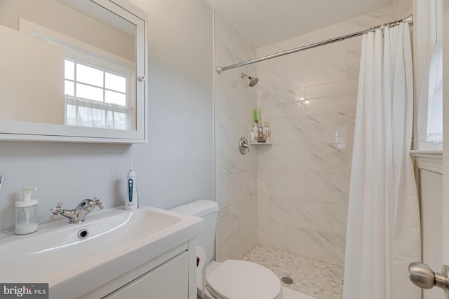 full bathroom with vanity, a stall shower, and toilet