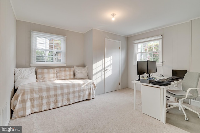 bedroom featuring crown molding and carpet flooring