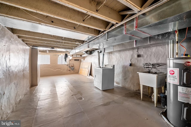 basement with washer / dryer, water heater, and gas meter