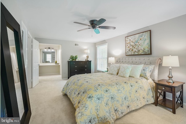 bedroom featuring baseboards, a ceiling fan, carpet flooring, and visible vents
