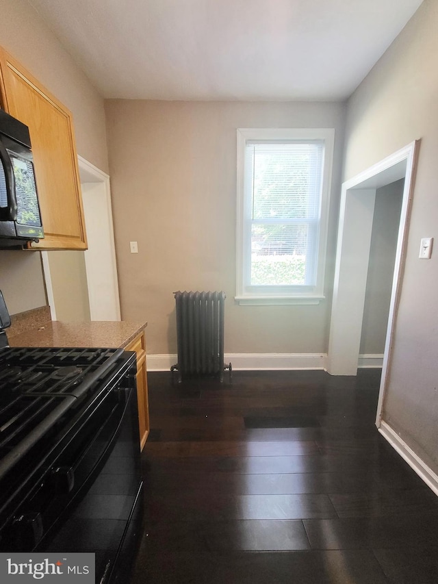 kitchen with light brown cabinets, baseboards, radiator heating unit, dark wood finished floors, and black appliances