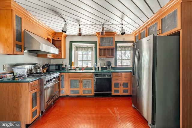 kitchen with open shelves, dark countertops, wall chimney exhaust hood, and black appliances