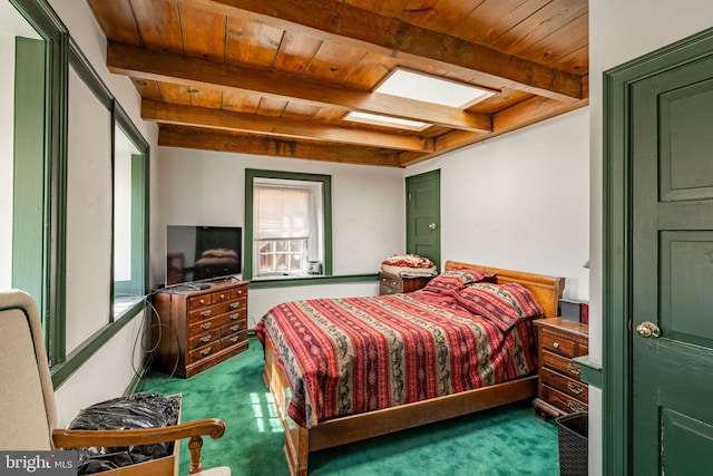 bedroom featuring dark colored carpet, beam ceiling, and wooden ceiling
