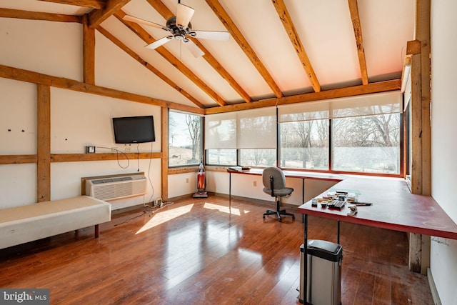 home office featuring ceiling fan, a wall mounted air conditioner, beam ceiling, high vaulted ceiling, and wood-type flooring