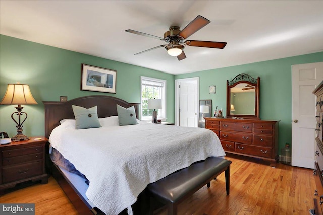 bedroom featuring ceiling fan and light wood finished floors