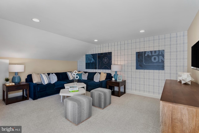 living room with carpet floors, recessed lighting, wallpapered walls, baseboards, and vaulted ceiling
