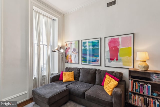 2308 Spruce St Unit 2310A, Philadelphia, PA 19103 - living room with visible vents, ornamental molding, and a healthy amount of sunlight