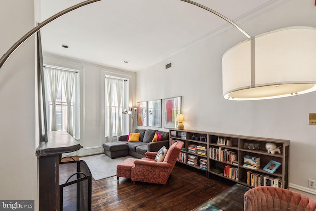 2308 Spruce St Unit 2310A, Philadelphia, PA 19103 - living area featuring baseboards, visible vents, ornamental molding, and wood finished floors