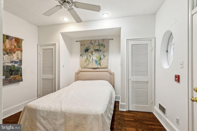 2308 Spruce St Unit 2310A, Philadelphia, PA 19103 - bedroom featuring dark wood finished floors, recessed lighting, baseboards, a ceiling fan, and visible vents