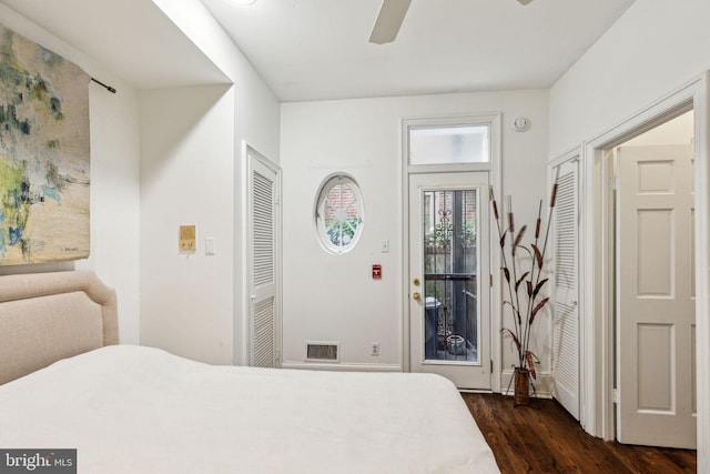 2308 Spruce St Unit 2310A, Philadelphia, PA 19103 - bedroom with dark wood-style flooring, baseboards, visible vents, and ceiling fan