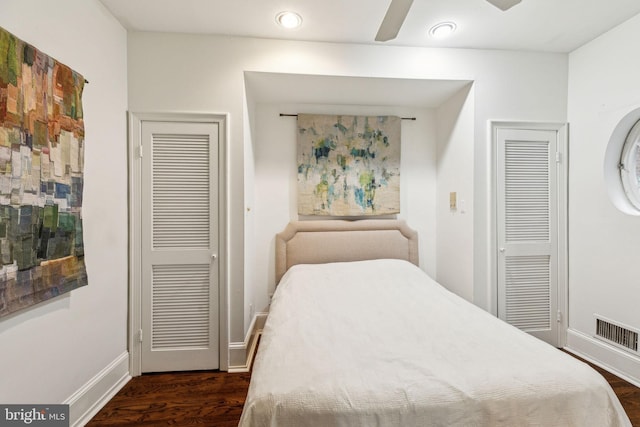 2308 Spruce St Unit 2310A, Philadelphia, PA 19103 - bedroom with visible vents, baseboards, dark wood-style floors, recessed lighting, and a ceiling fan