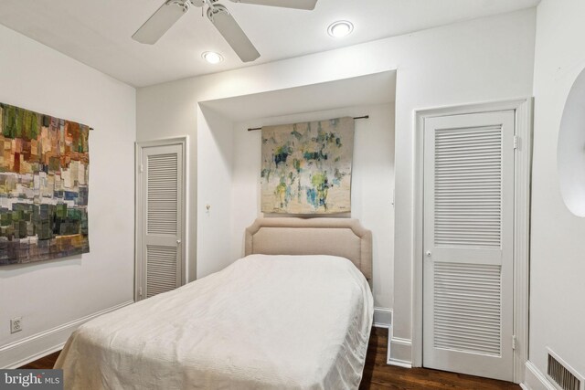 2308 Spruce St Unit 2310A, Philadelphia, PA 19103 - bedroom with visible vents, baseboards, recessed lighting, dark wood-type flooring, and a ceiling fan