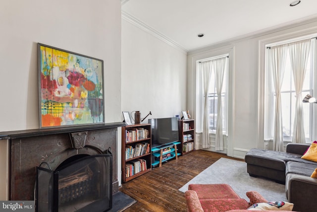 2308 Spruce St Unit 2310A, Philadelphia, PA 19103 - living area with baseboards, ornamental molding, a fireplace, and wood finished floors