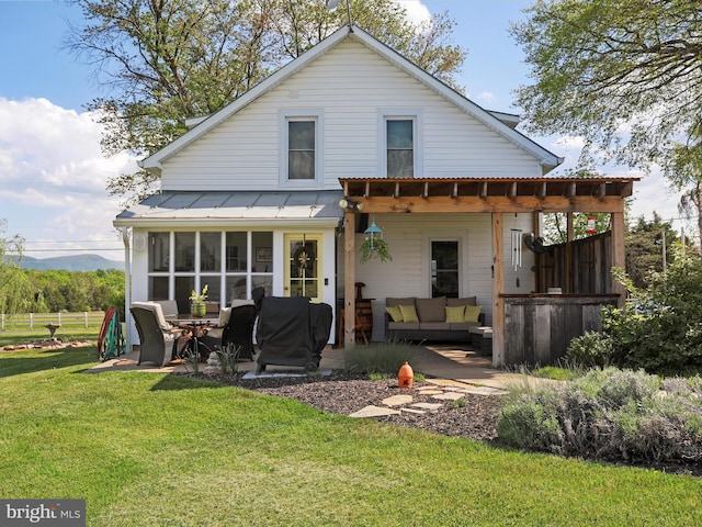 1691 Wakeman Mill Rd, Front Royal, VA 22630 - rear view of property featuring an outdoor living space, a lawn, fence, a patio, and a sunroom