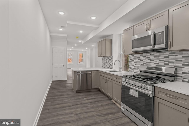 kitchen featuring backsplash, gray cabinetry, stainless steel appliances, and a sink