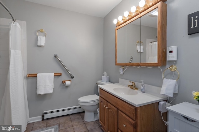 111 Linden Ave, Pasadena, MD 21122 - bathroom featuring a shower with curtain, vanity, tile patterned floors, a baseboard heating unit, and toilet